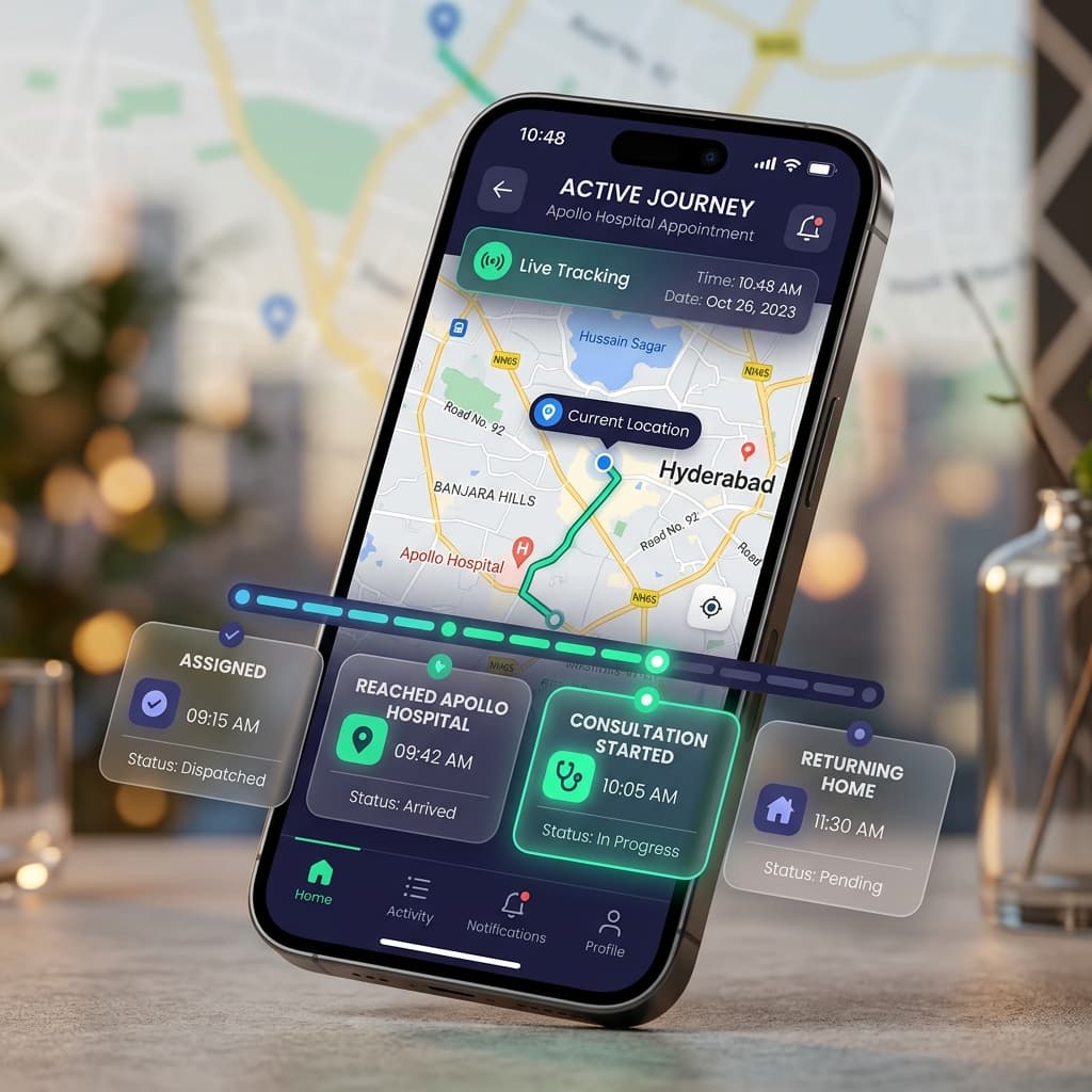 MitraCare Real-Time Tracking Dashboard App Mockup